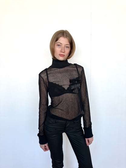 Black Mesh Long Sleeve with Knit Turtleneck and Cuffs