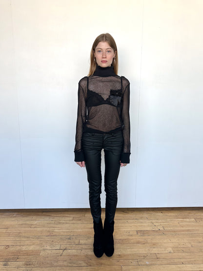 Black Mesh Long Sleeve with Knit Turtleneck and Cuffs