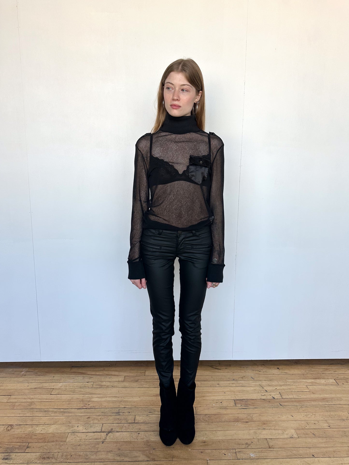 Black Mesh Long Sleeve with Knit Turtleneck and Cuffs