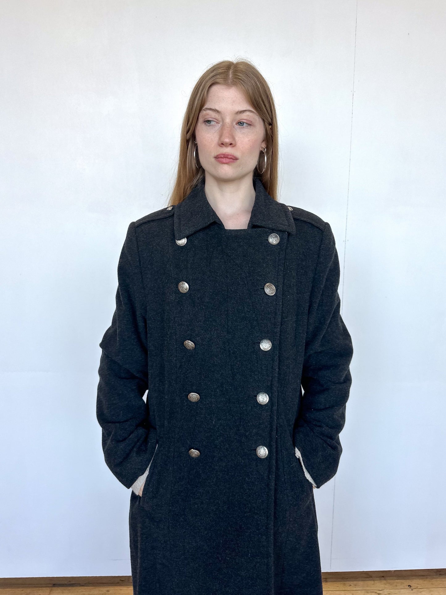 Vintage 1990s Charcoal Grey Wool Double Breasted Coat