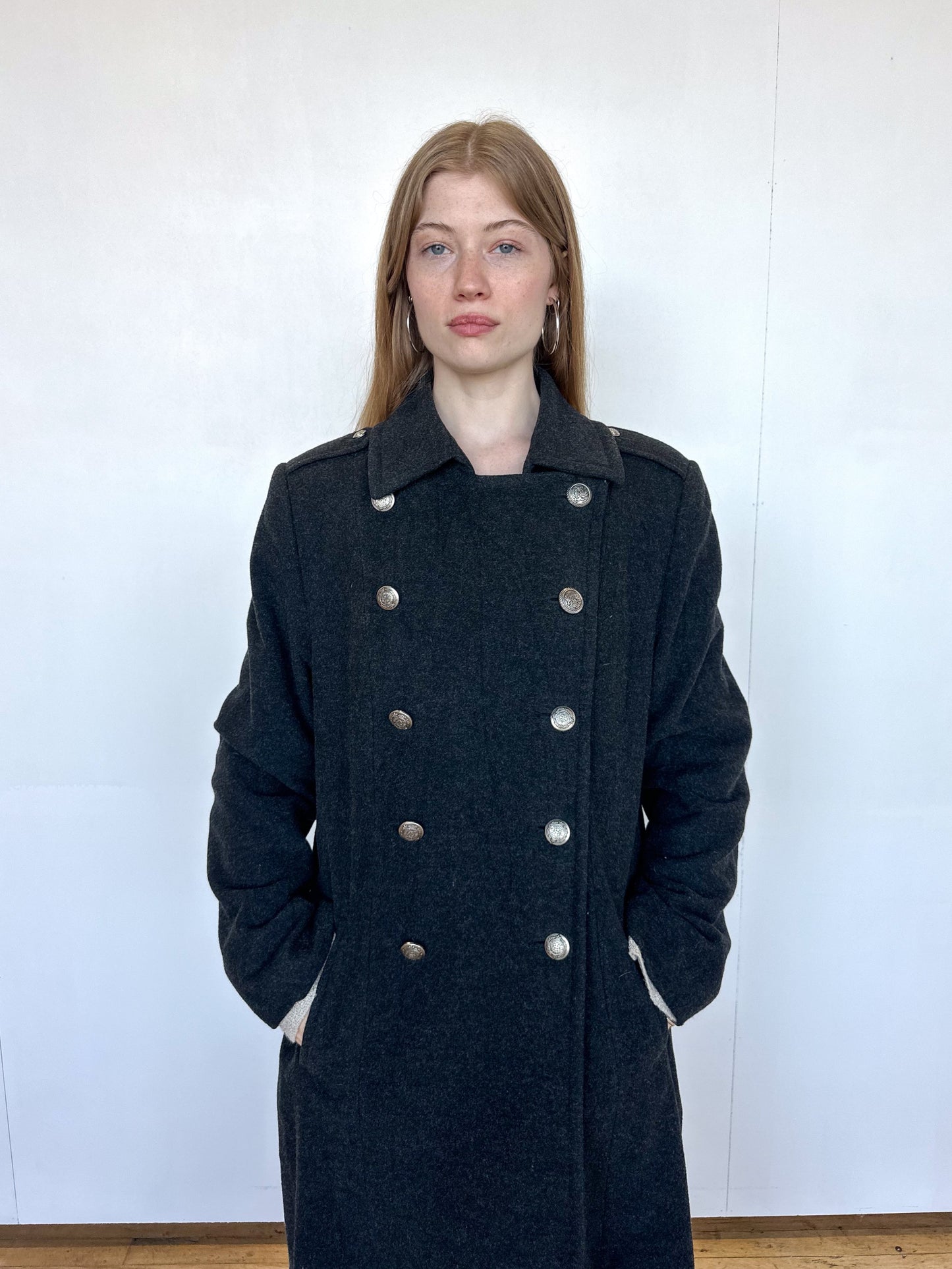 Vintage 1990s Charcoal Grey Wool Double Breasted Coat