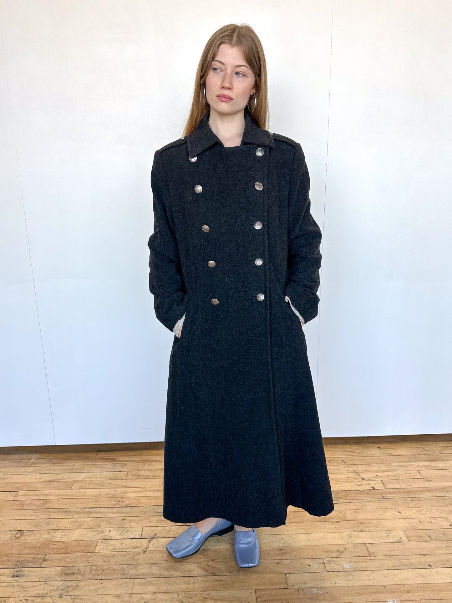 Vintage 1990s Charcoal Grey Wool Double Breasted Coat