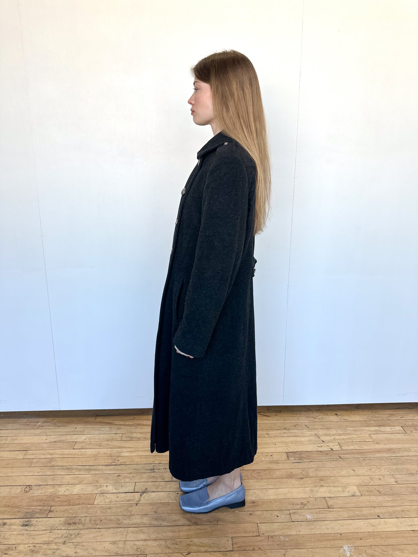 Vintage 1990s Charcoal Grey Wool Double Breasted Coat