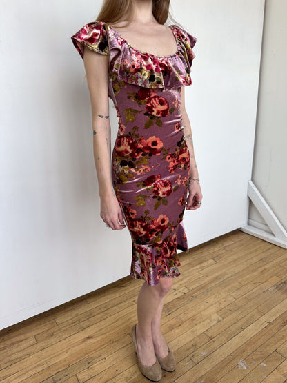 Vintage Floral Velvet Midi Dress