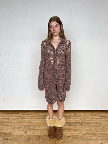 Brown Mohair Knit Long Cardigan